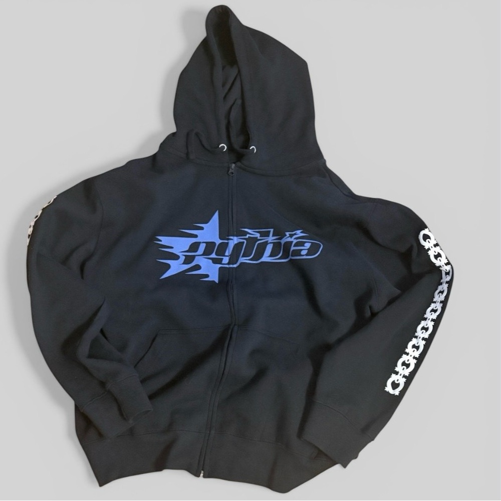 ‼️SOLD-Pythia Black Graphic Zip Drawstring Hoodie with Star Logo - Picture 2 of 6